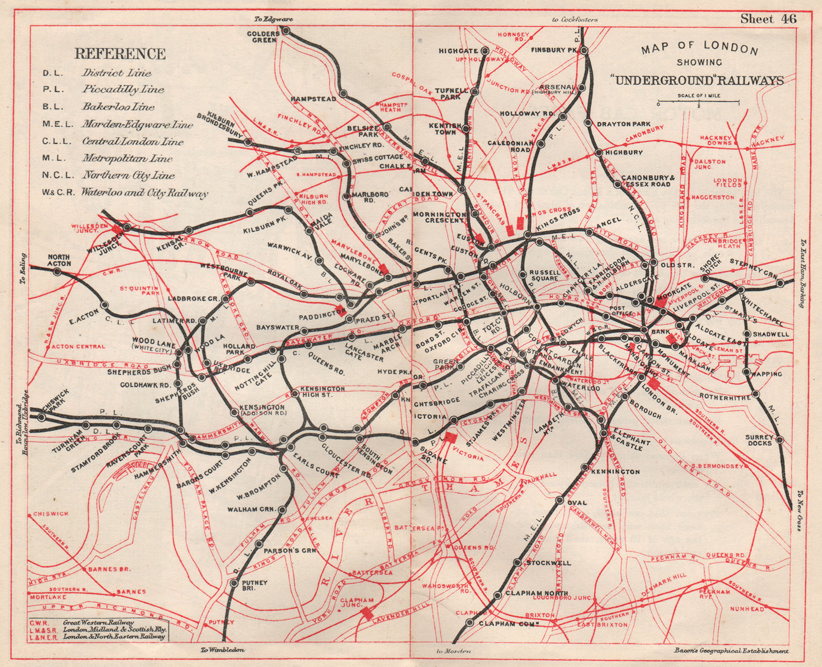 LONDON UNDERGROUND MAP. Tube & railways. BACON 1933 old vintage plan chart