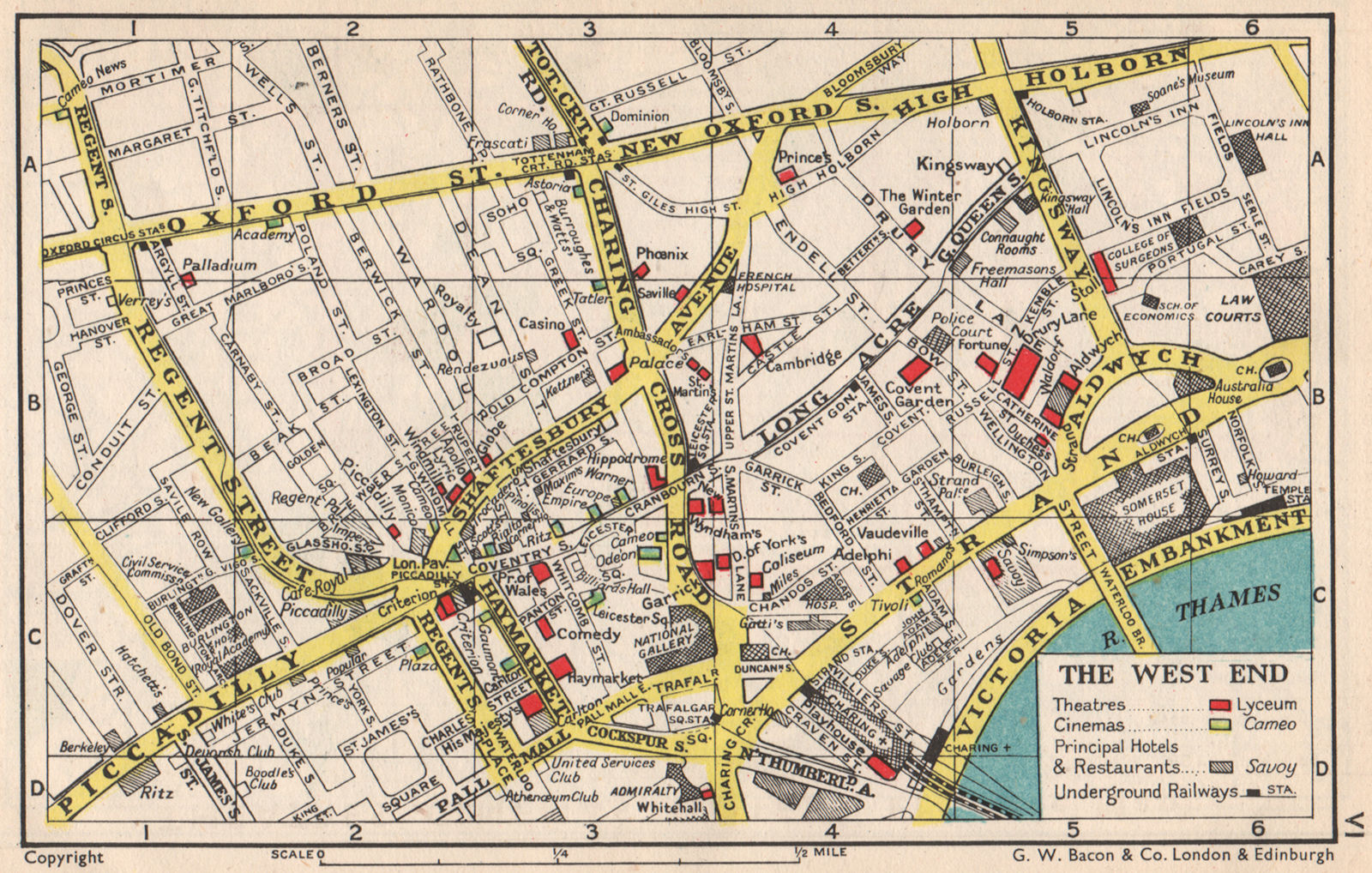 LONDON WEST END. Theatres Cinemas. Principal Hotels Restaurants. BACON 1948 map