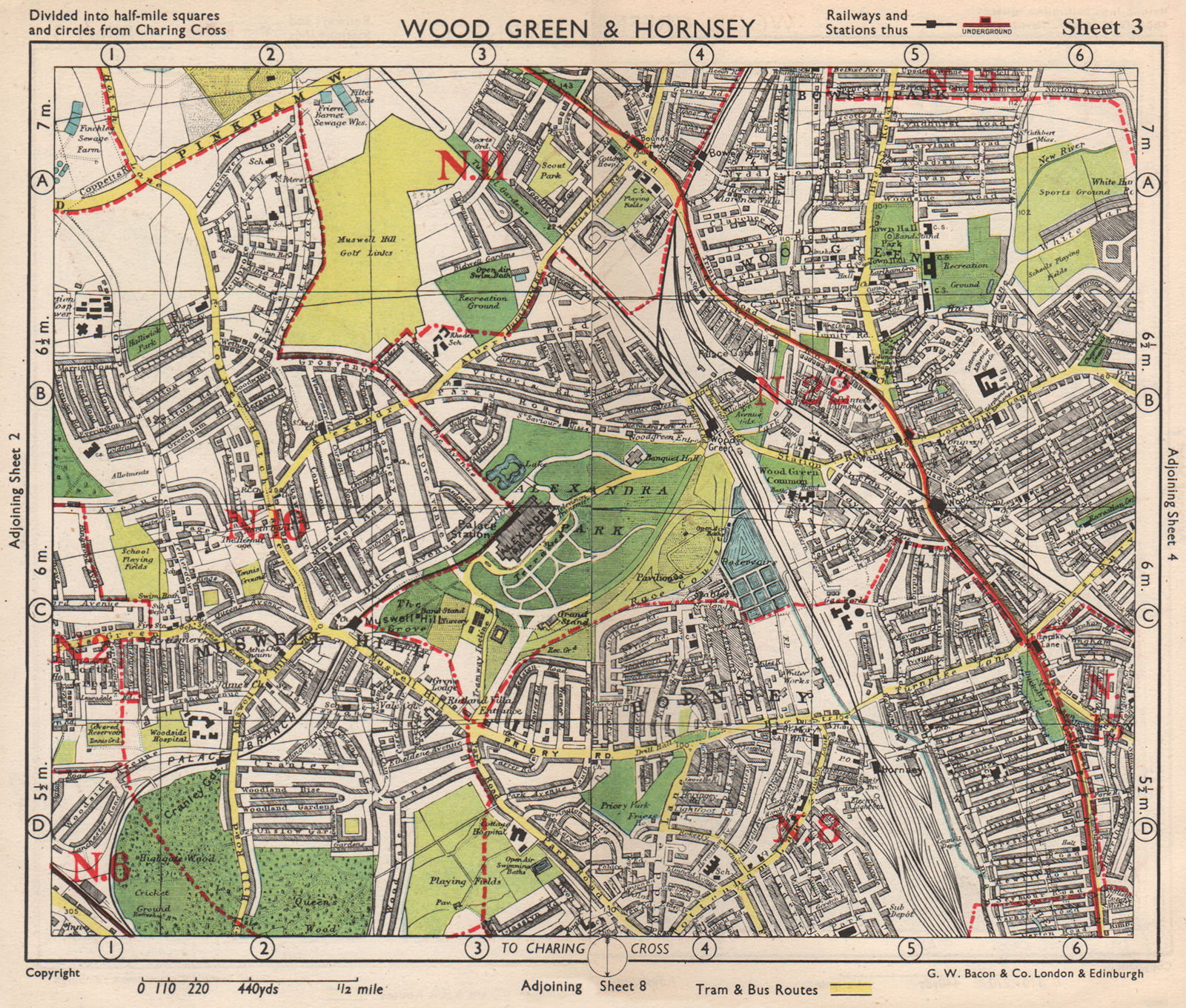 Associate Product N LONDON. Wood Green Hornsey Muswell Hill Bowes Park Alexandra P.BACON 1948 map