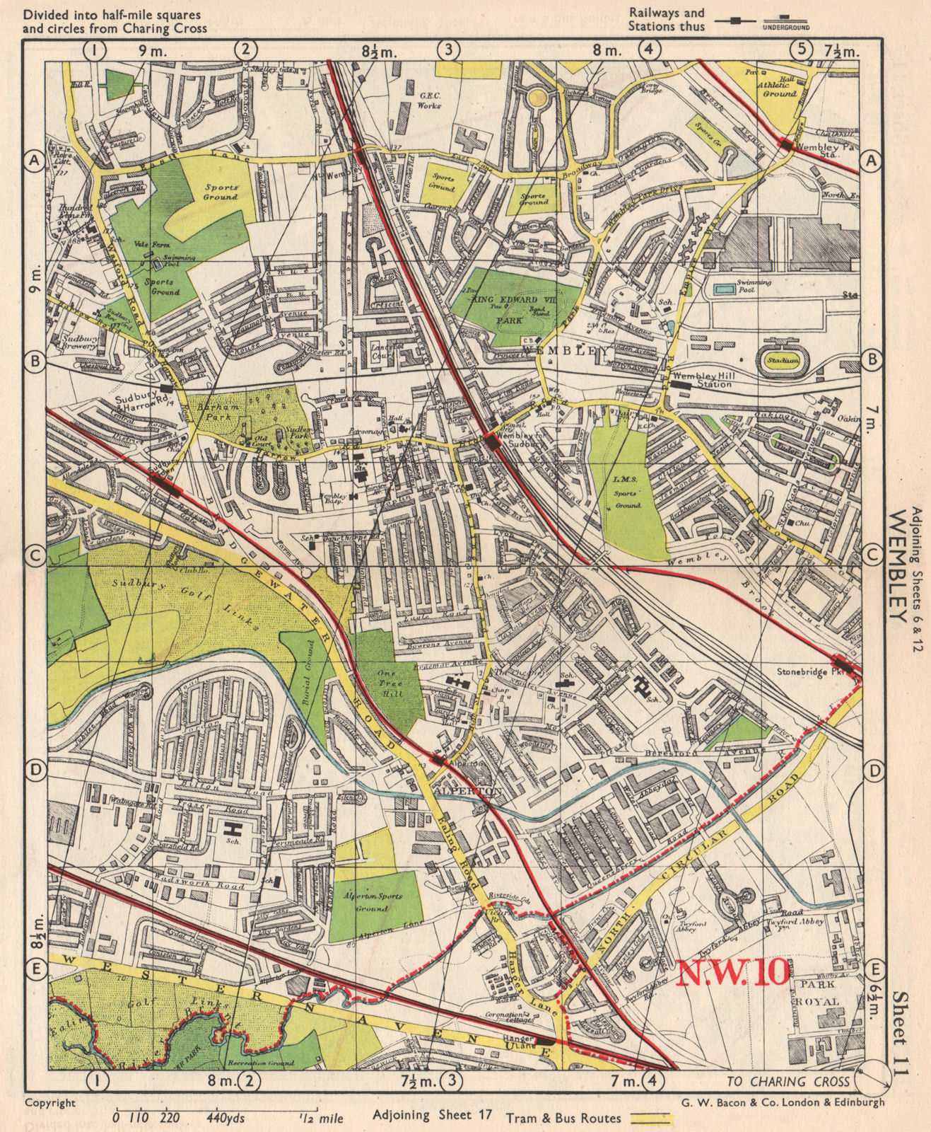 Associate Product NW LONDON. Wembley Sudbury Alperton Park Royal Hanger Lane. BACON 1948 old map