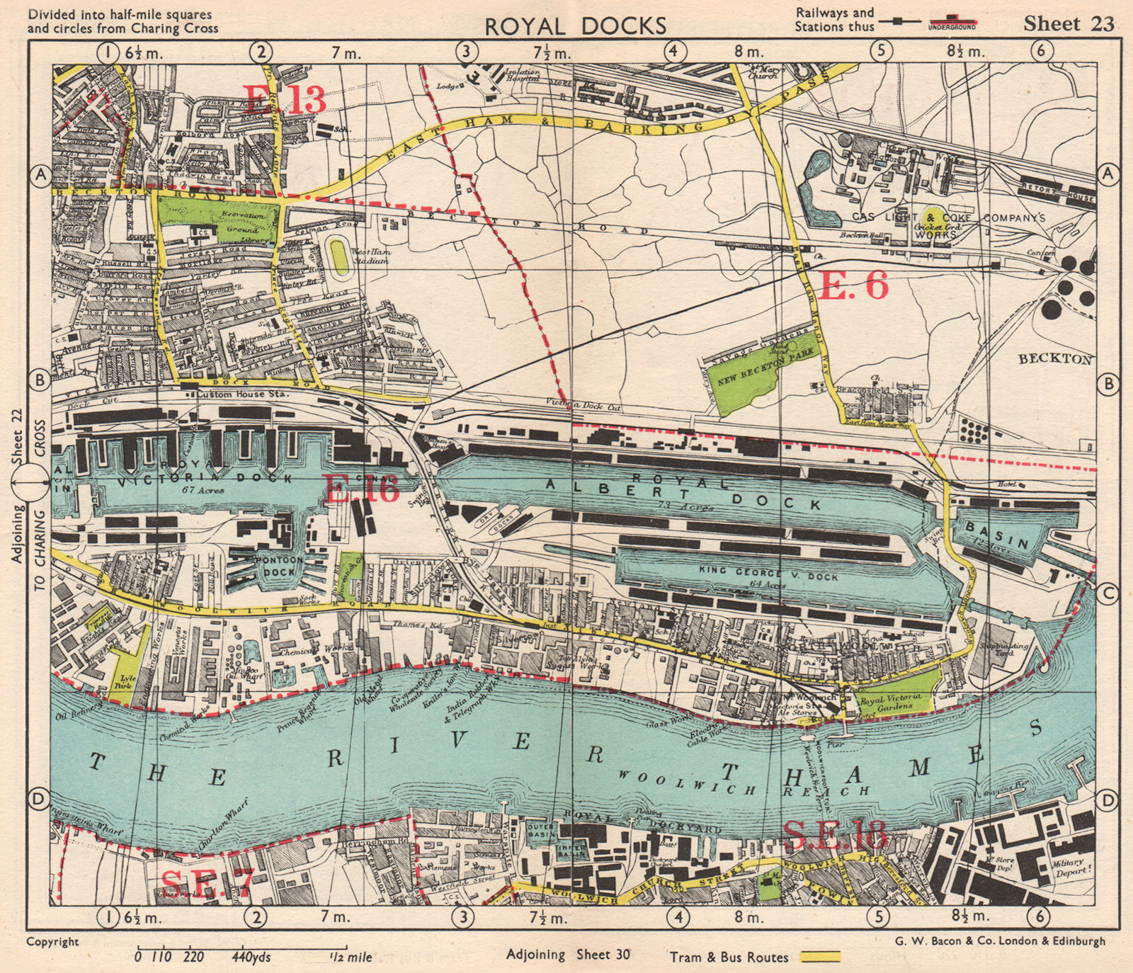 Associate Product E LONDON Royal Victoria/Albert Docks Beckton Woolwich Silvertown.BACON 1948 map