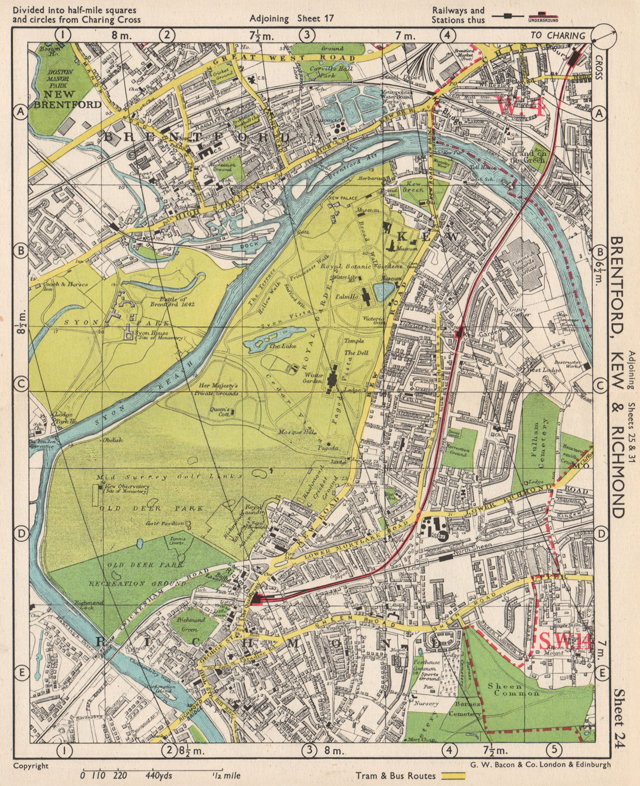 Associate Product SW LONDON. Brentford Kew gardens Richmond Sheen Chiswick. BACON 1948 old map