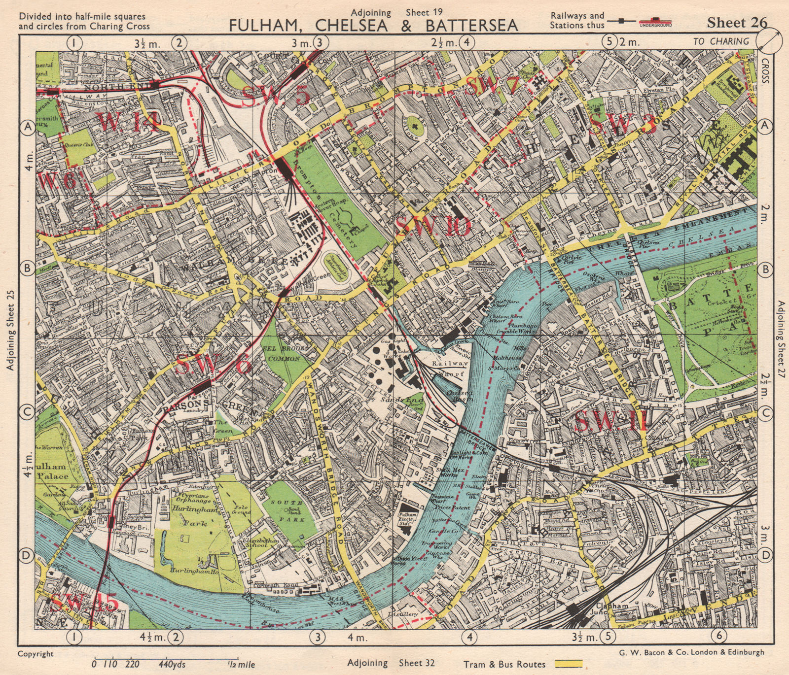 Associate Product SW LONDON. Fulham Chelsea Battersea Walham/Parson's Green. BACON 1948 old map