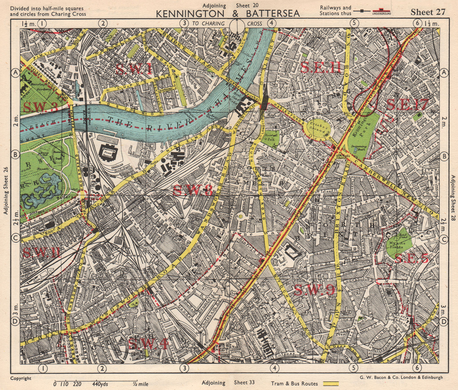 S LONDON. Kennington Battersea Pimlico Brixton Lambeth Clapham. BACON 1948 map