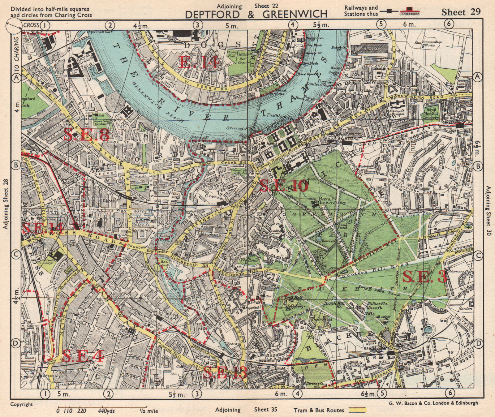 SE LONDON. Deptford Greenwich Cubitt Town Lewisham Blackheath. BACON 1948 map