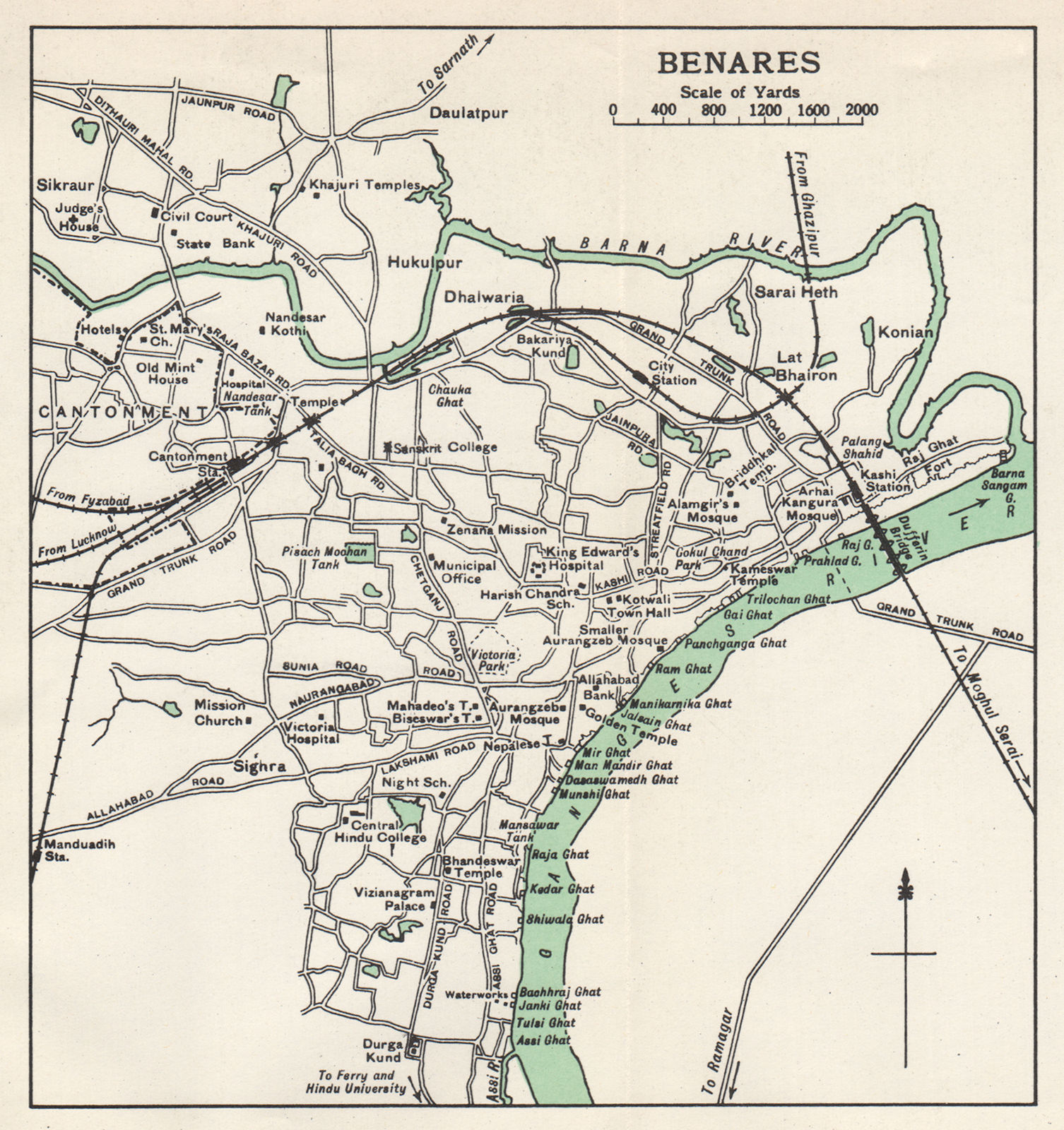 VARANASI. Benares city plan.Ganges temples cantonment. India 1965 old map
