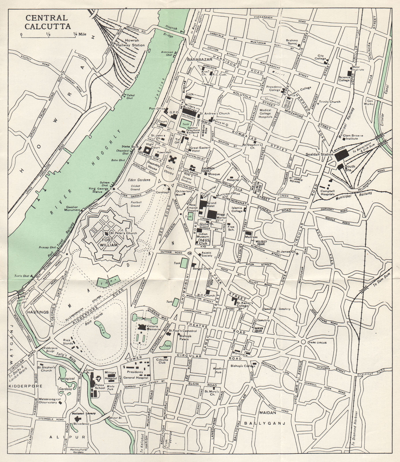 CALCUTTA. Kolkata town city plan. Fort William. Key buildings. India 1965 map