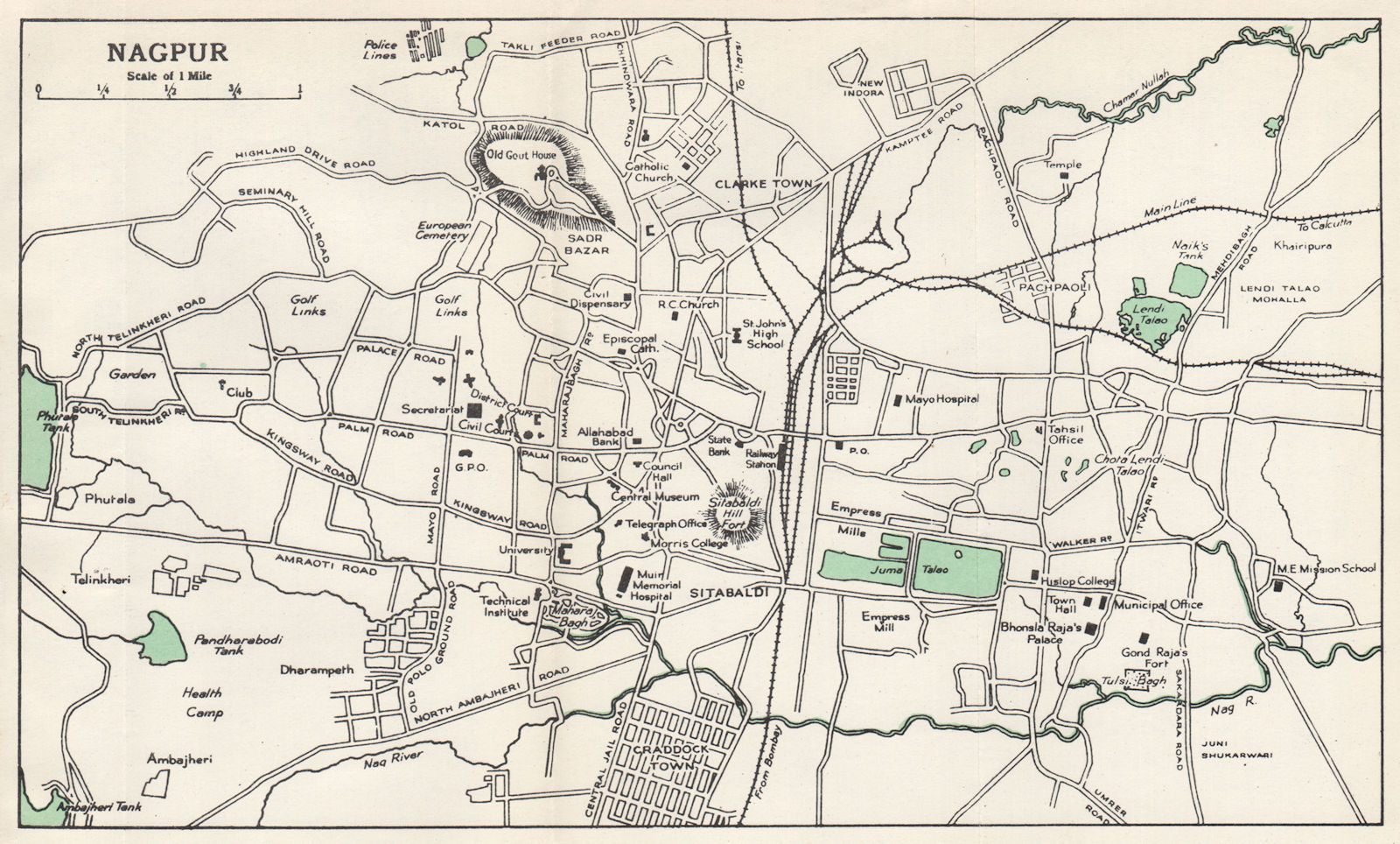 NAGPUR. city plan showing key buildings. Maharashtra. India. 1965 old map