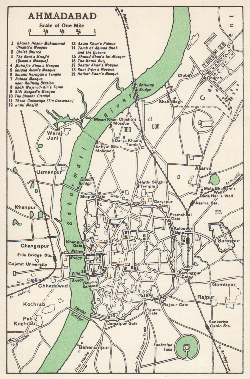 AHMADABAD. Town city plan. Key buildings. Sabarmati river. India 1965 old map