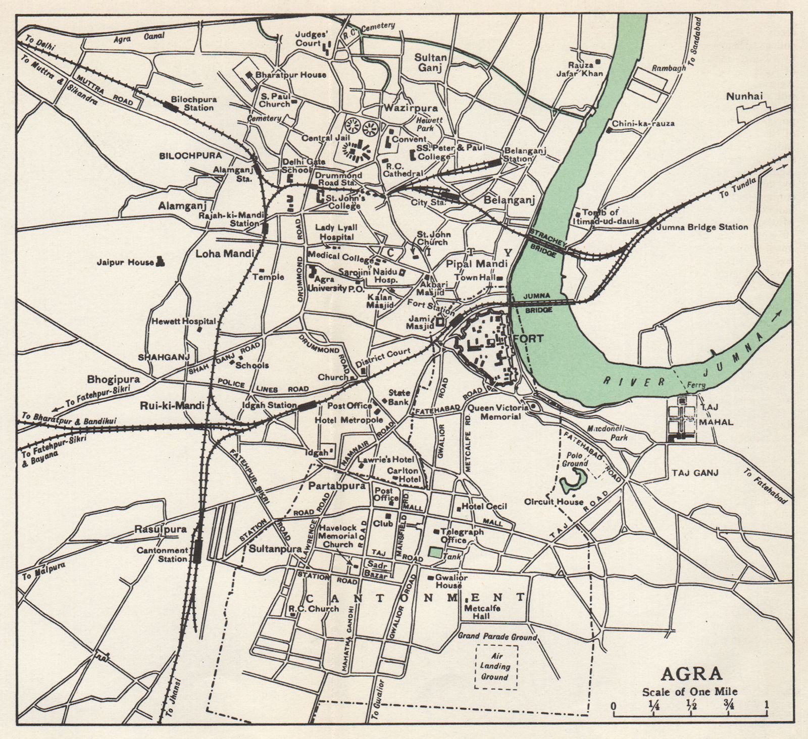 AGRA. Town city plan. Showing Cantonment, Fort & Taj Mahal. India 1965 old map