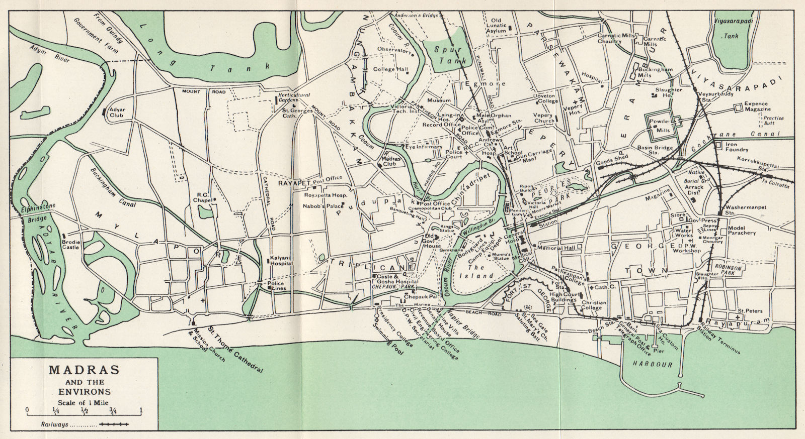 MADRAS/CHENNAI. Town city plan. Showing key buildings. India 1965 old map