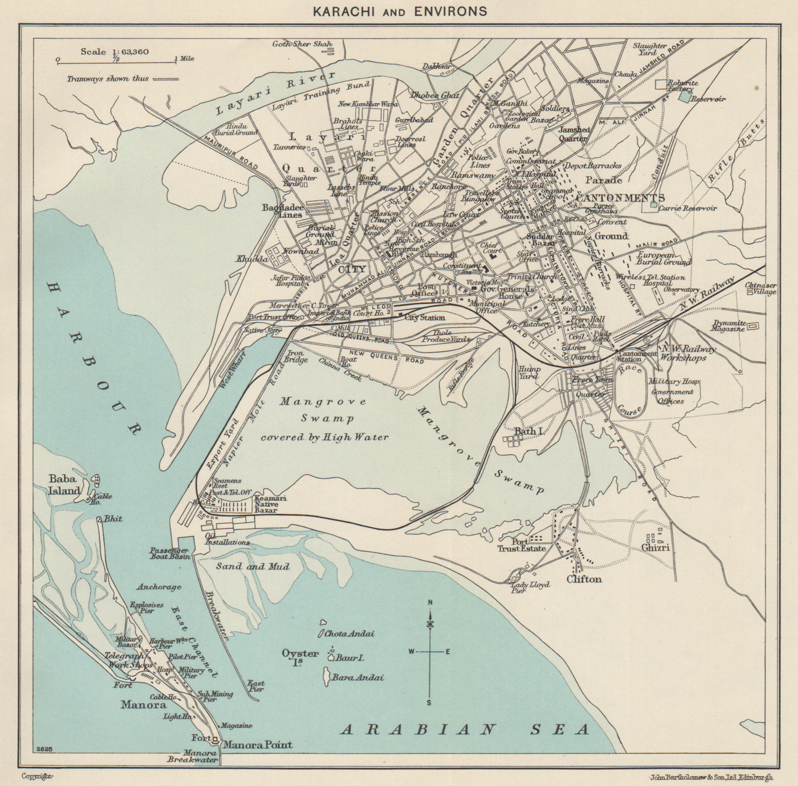 KARACHI. Town city plan. Cantonments. Pakistan 1965 old vintage map chart