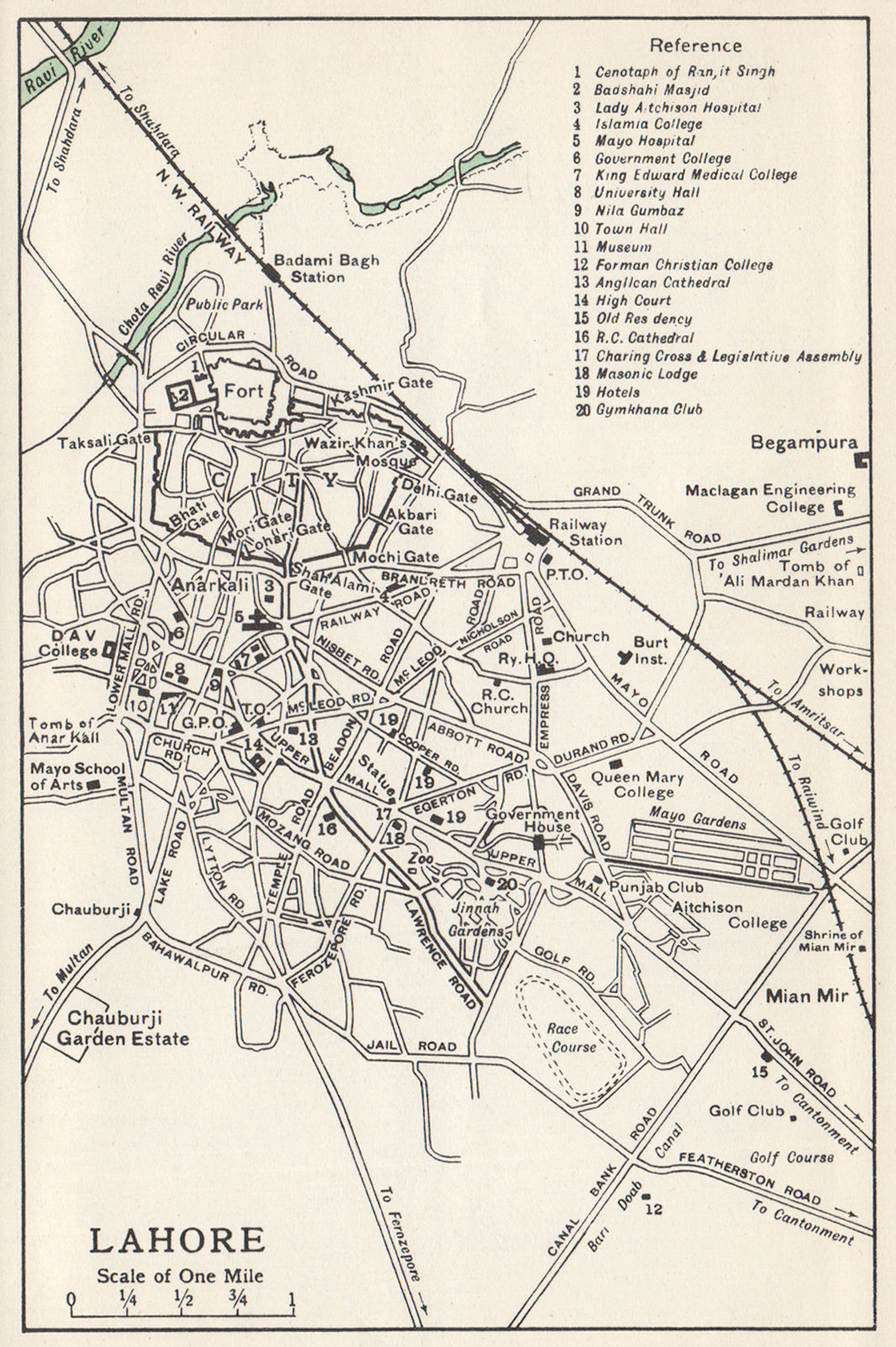 LAHORE. Town city plan showing key buildings. Pakistan 1965 old vintage map