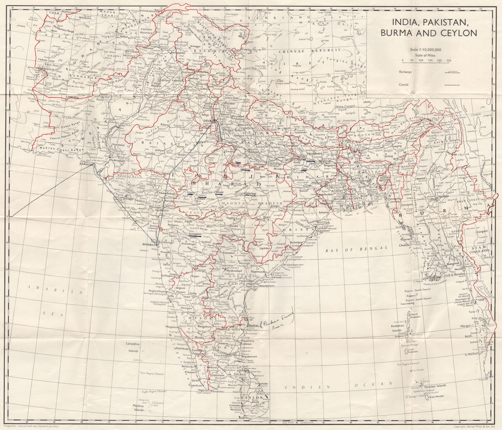 SOUTH ASIA. India Pakistan Burma & Ceylon 1965 old vintage map plan chart
