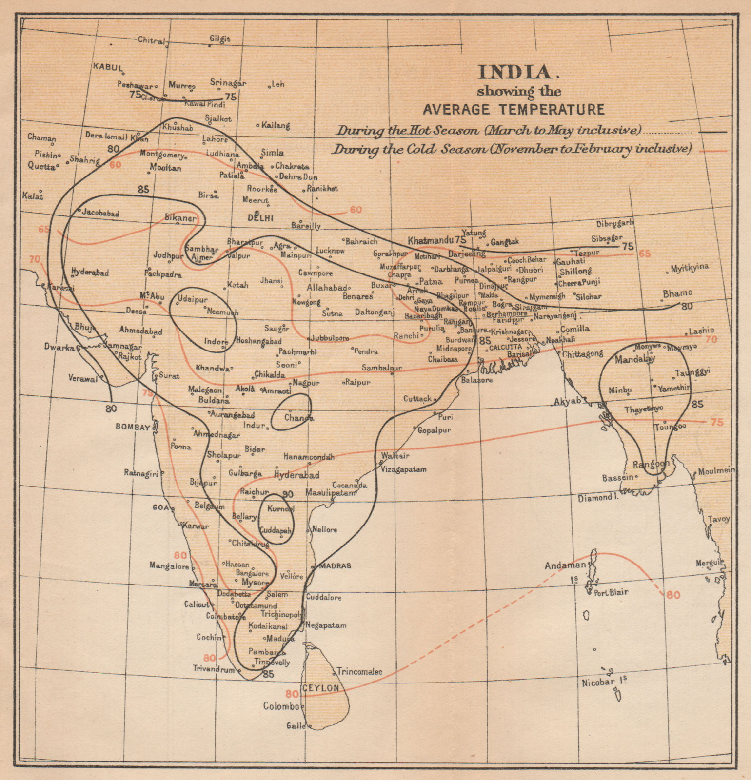 Associate Product INDIA. average Temperature during Monsoon & dry seasons. Isotherms 1929 map