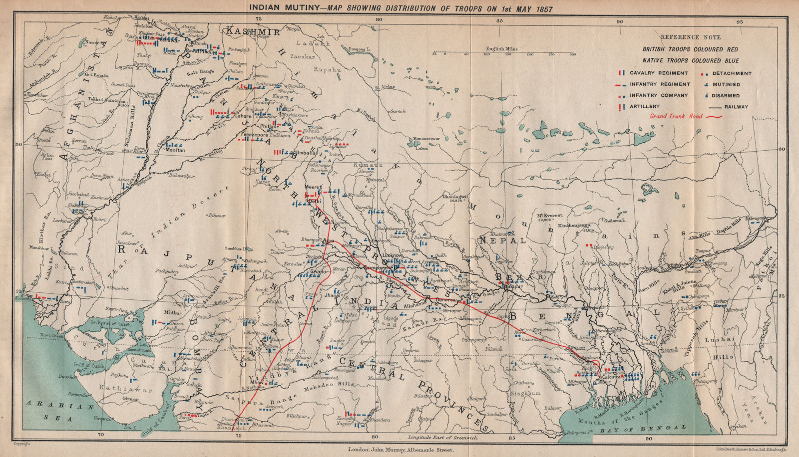 Associate Product INDIAN MUTINY/REBELLION. British & native troop positions 1 May 1857 1929 map