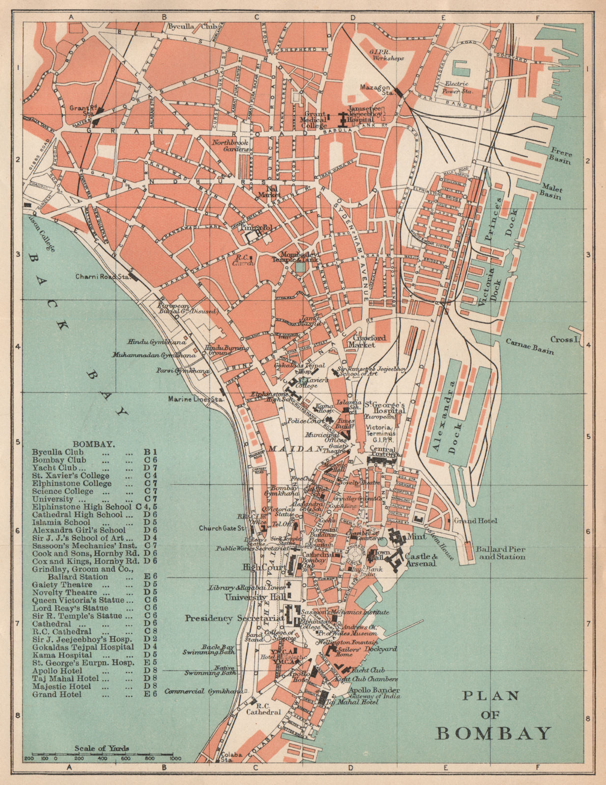 INDIA. Bombay (Mumbai) plan. Clubs schools hospitals theatres hotels 1929 map