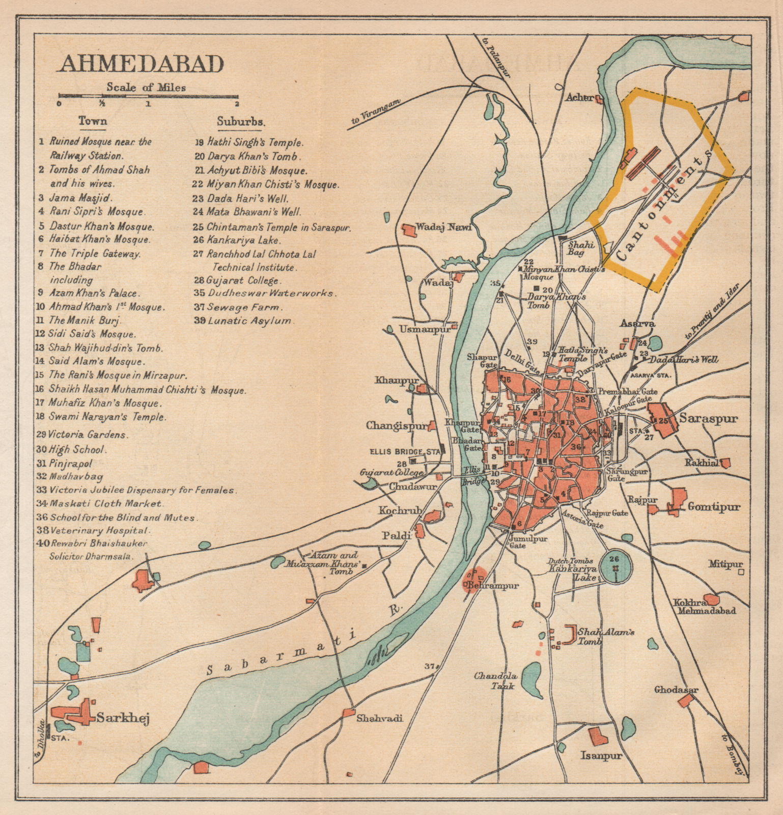 INDIA. Ahmedabad city plan. Palaces mosques temples tombs. Gujarat 1929 map