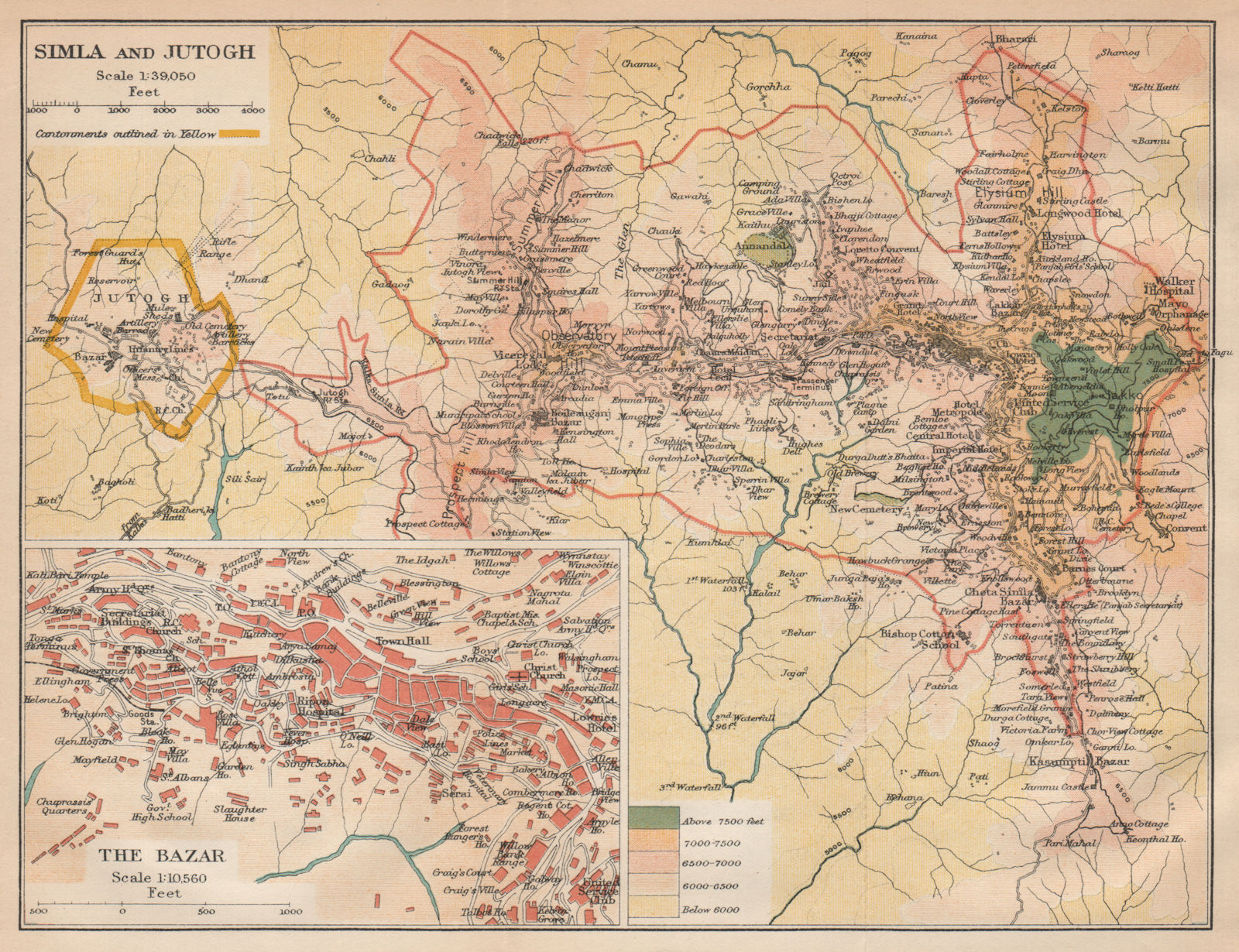 BRITISH INDIA. Simla (Shimla) & Jutogh cantonment; inset Lakkar Bazaar 1929 map