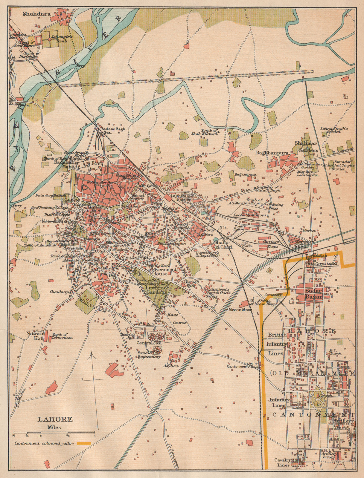 PAKISTAN. Lahore city plan showing the Old Meean Meer Cantonment 1929 map