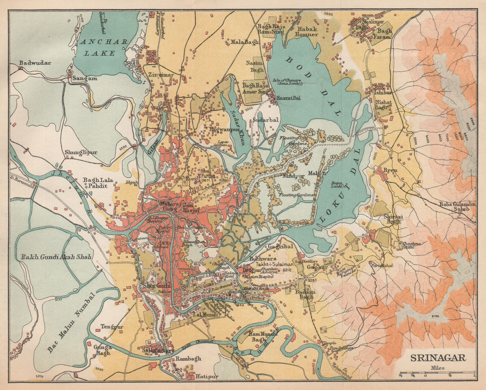INDIA. Srinagar city & environs plan. Kashmir 1929 old vintage map chart