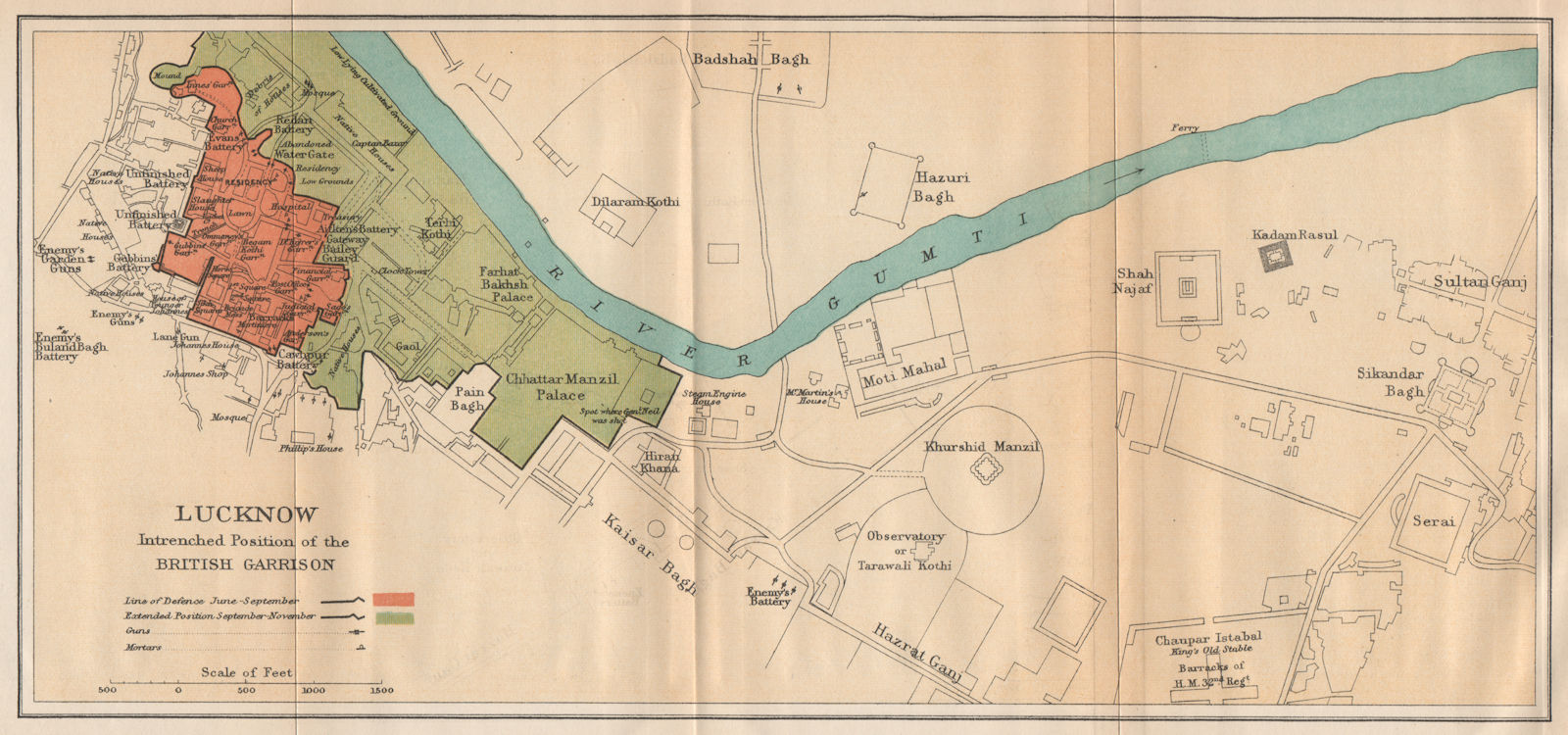 SIEGE OF LUCKNOW.showing British Garrison positions.1857 Indian Mutiny 1929 map