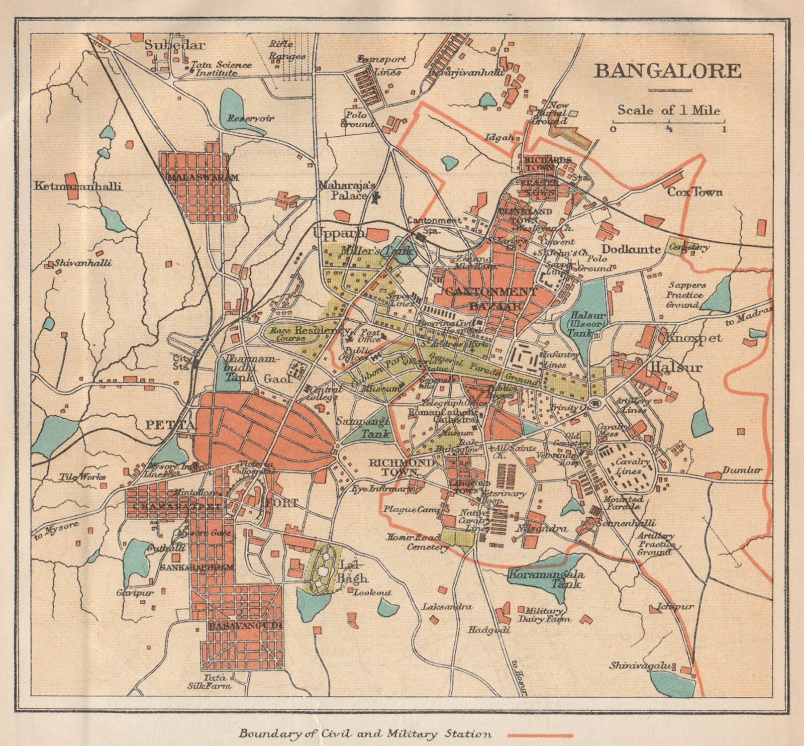 Associate Product BRITISH INDIA. Bangalore (Bengaluru) city plan.Petta.Cantonment bazaar 1929 map