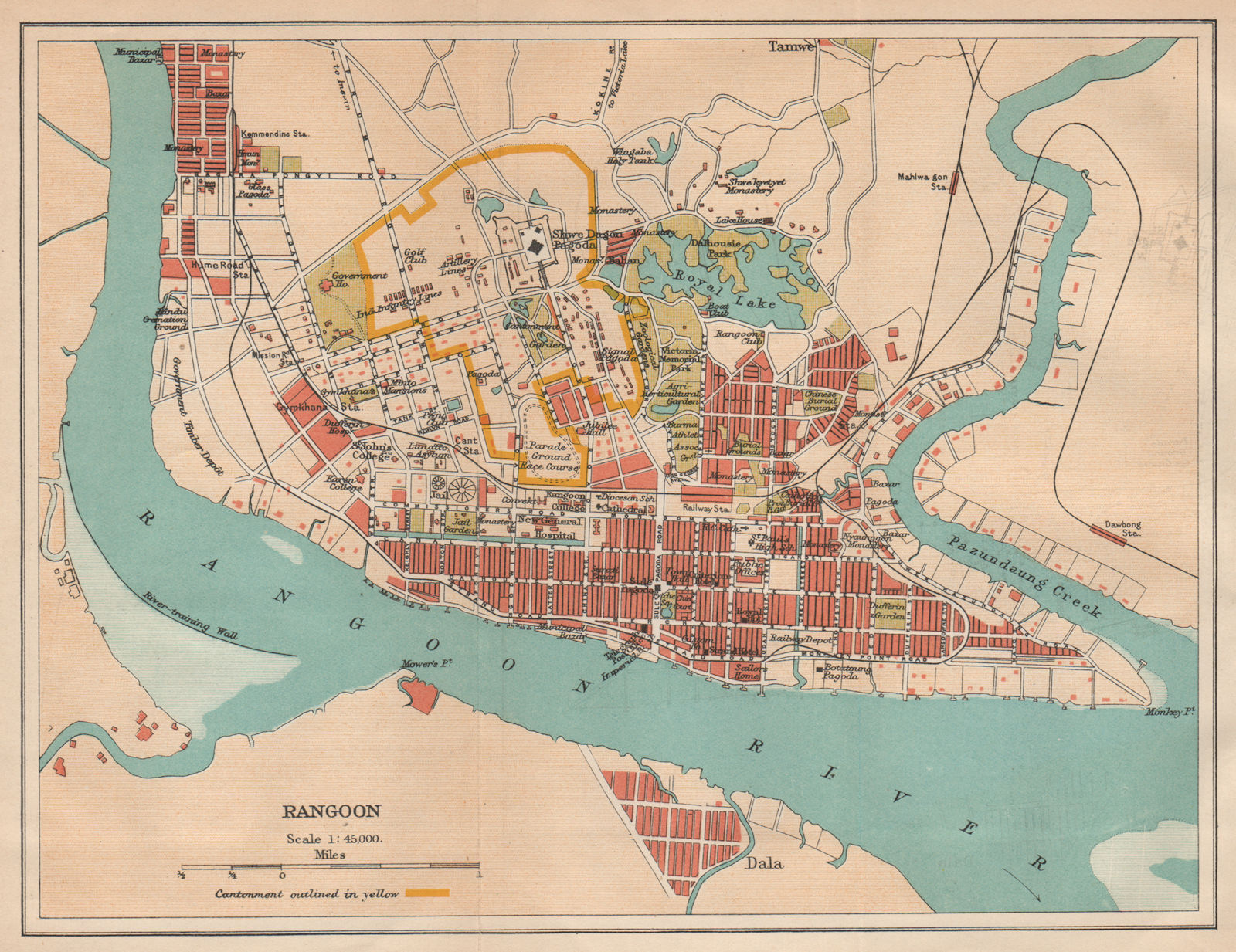 Associate Product BRITISH BURMA. Rangoon (Yangon) city plan. Myanmar. Cantonment 1929 old map