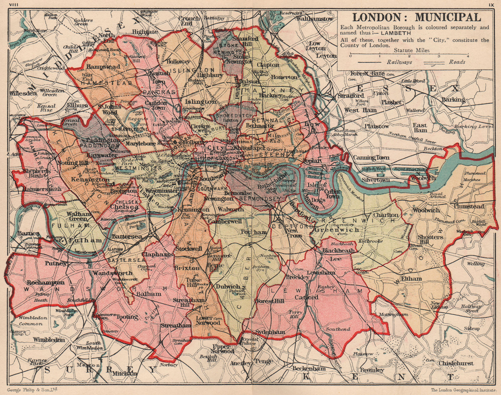 LONDON BOROUGHS. County of London. Municipalities 1932 old vintage map chart