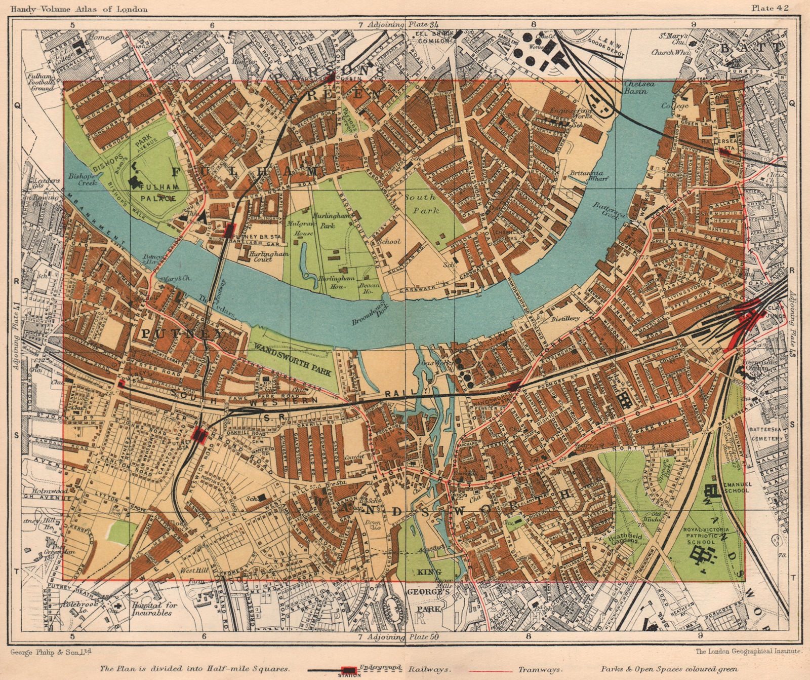 SW LONDON. Fulham Putney Parsons Green Wandsworth Clapham Junction 1932 map