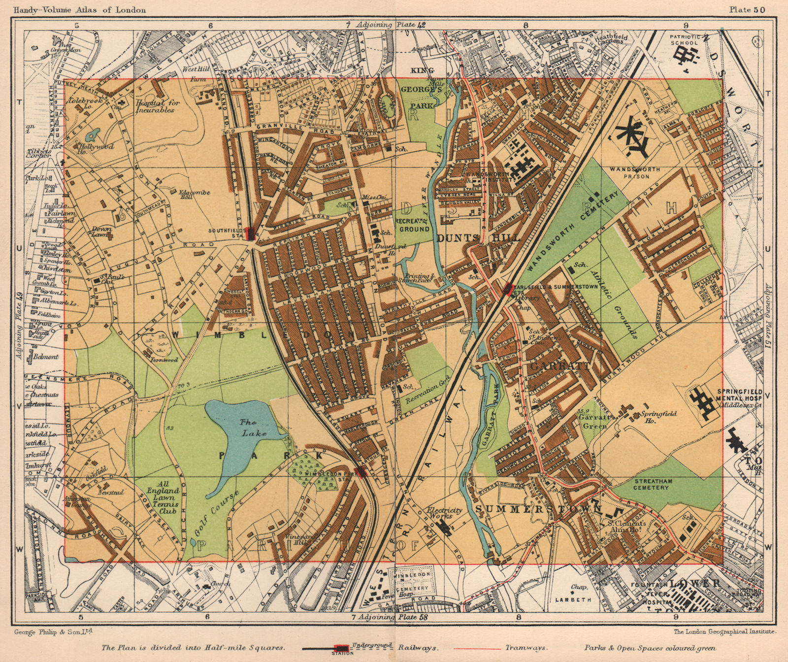 SW LONDON. Wimbledon Wandsworth Southfields Summerstown Dunts Hill 1932 map