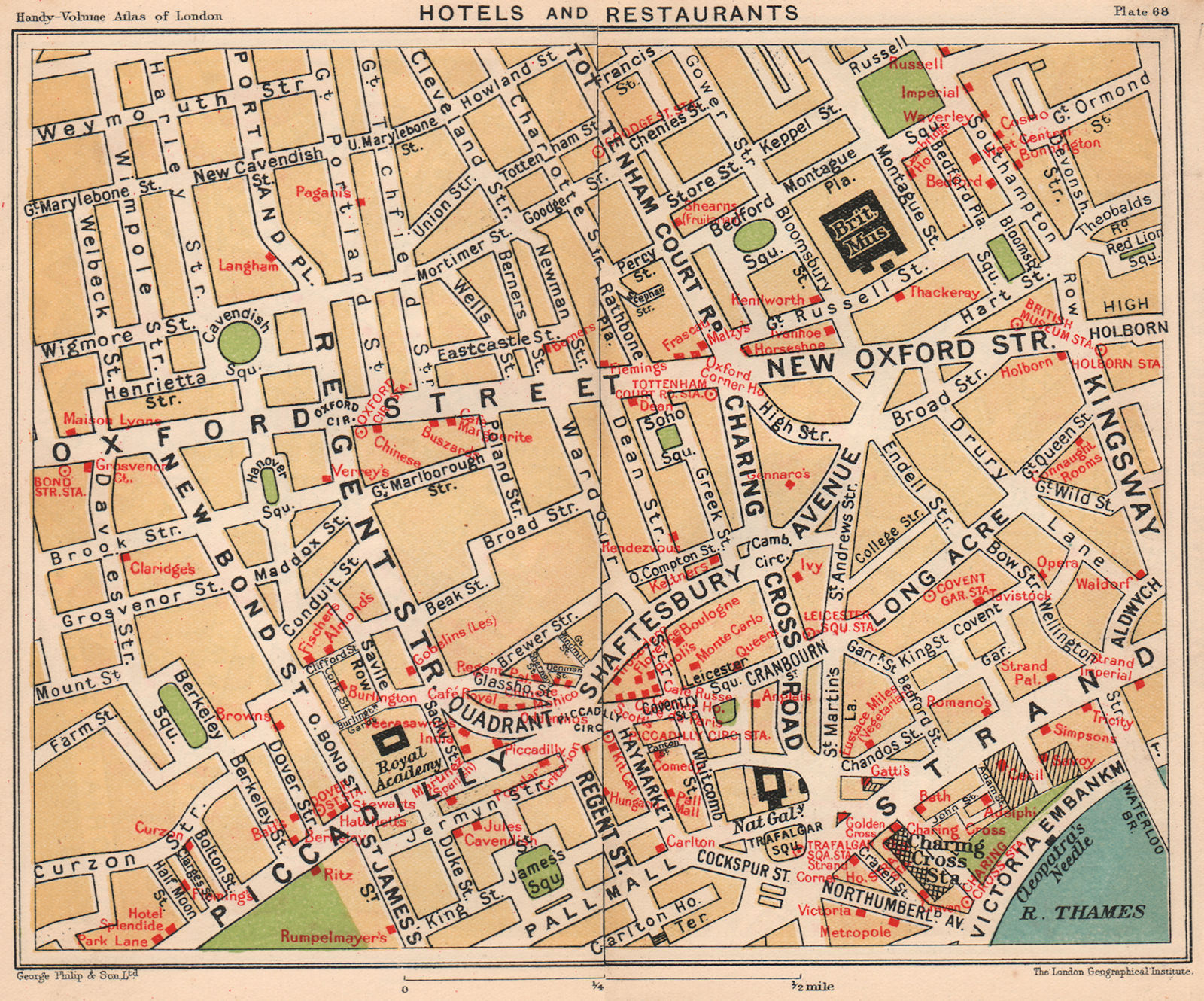 LONDON WEST END HOTELS & RESTAURANTS. Covent Garden St James's 1932 old map