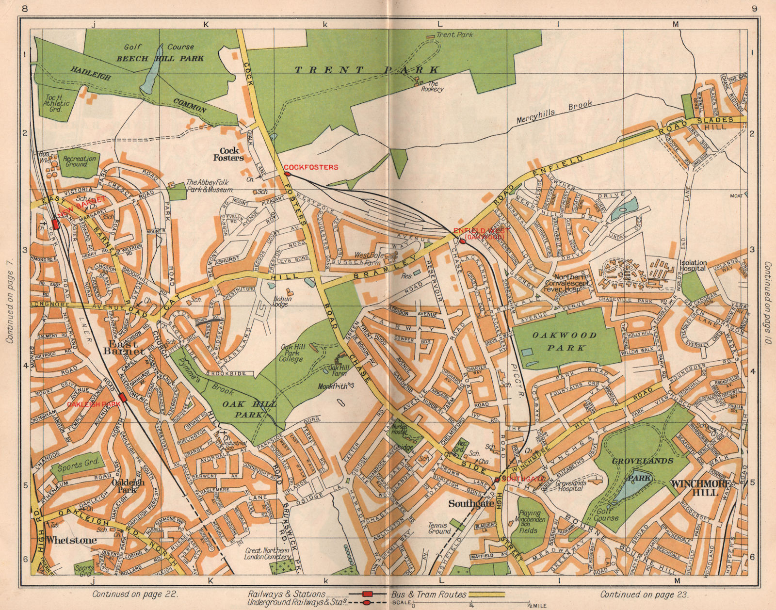 N LONDON. Southgate Cockfosters Oakleigh Park East Barnet Winchmore 1938 map