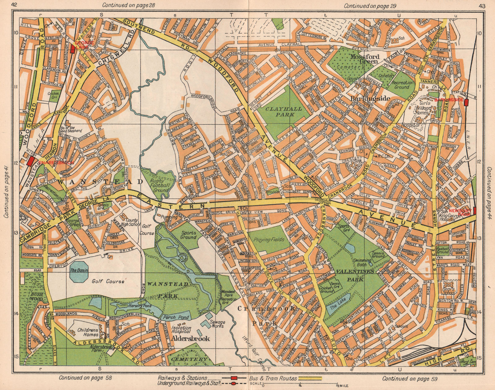 NE LONDON Wanstead Mossford Green Cranbrook Park Barkingside Woodford 1938 map