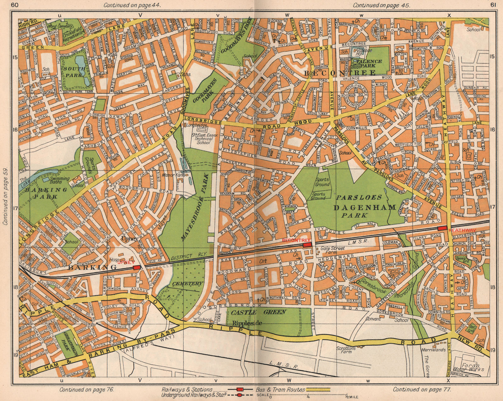 Associate Product E LONDON. Becontree Dagenham Barking Rippleside Upney Goodmayes Park 1938 map
