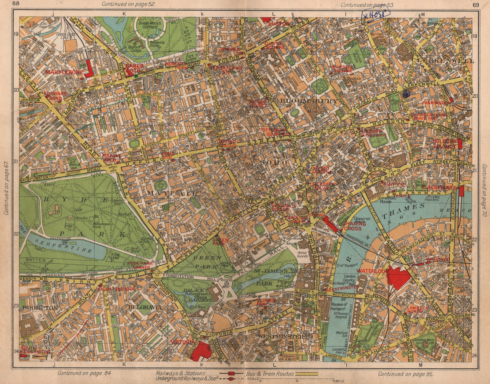 LONDON WEST END Mayfair West End Soho Bloomsbury Belgravia Westminster 1938 map