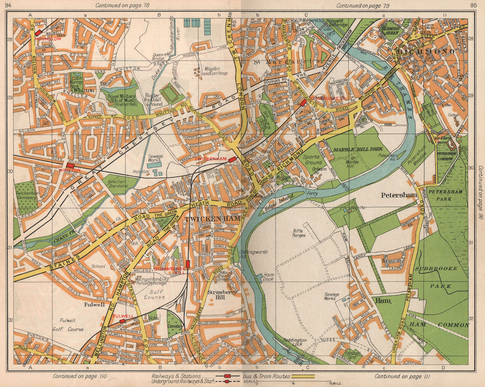 SW LONDON Richmond Twickenham Petersham Strawberry Hill Fulwell 1938 old map