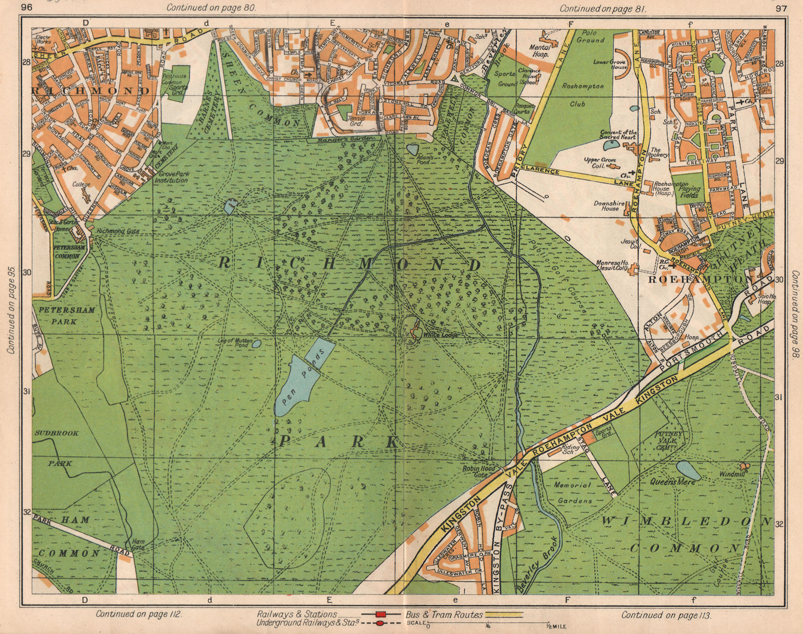 RICHMOND PARK. East Sheen Roehampton Kingston Vale Wimbledon Common 1938 map