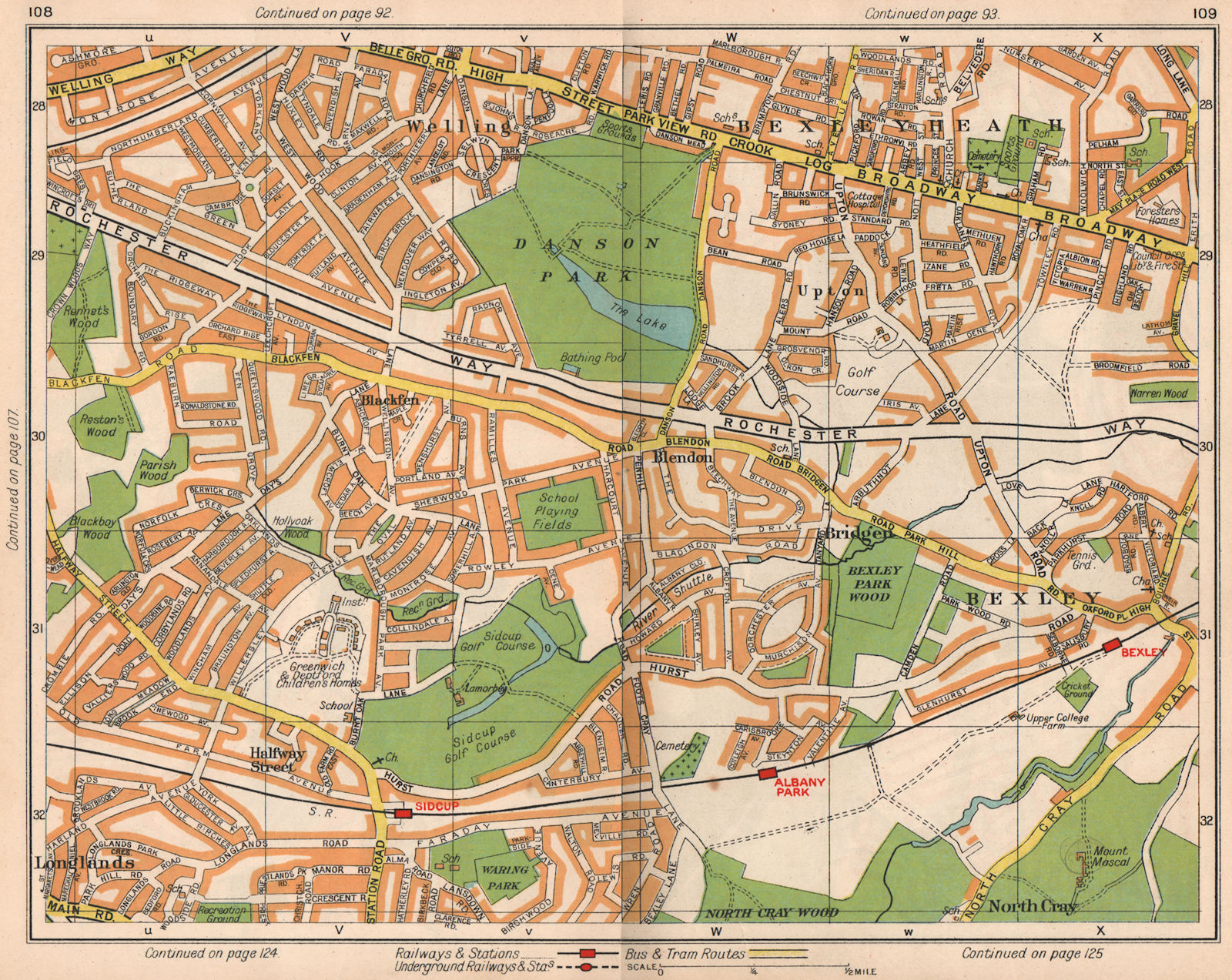 SE LONDON. Blackfen Bexleyheath Blendon Albany Park Bexley North Cray 1938 map