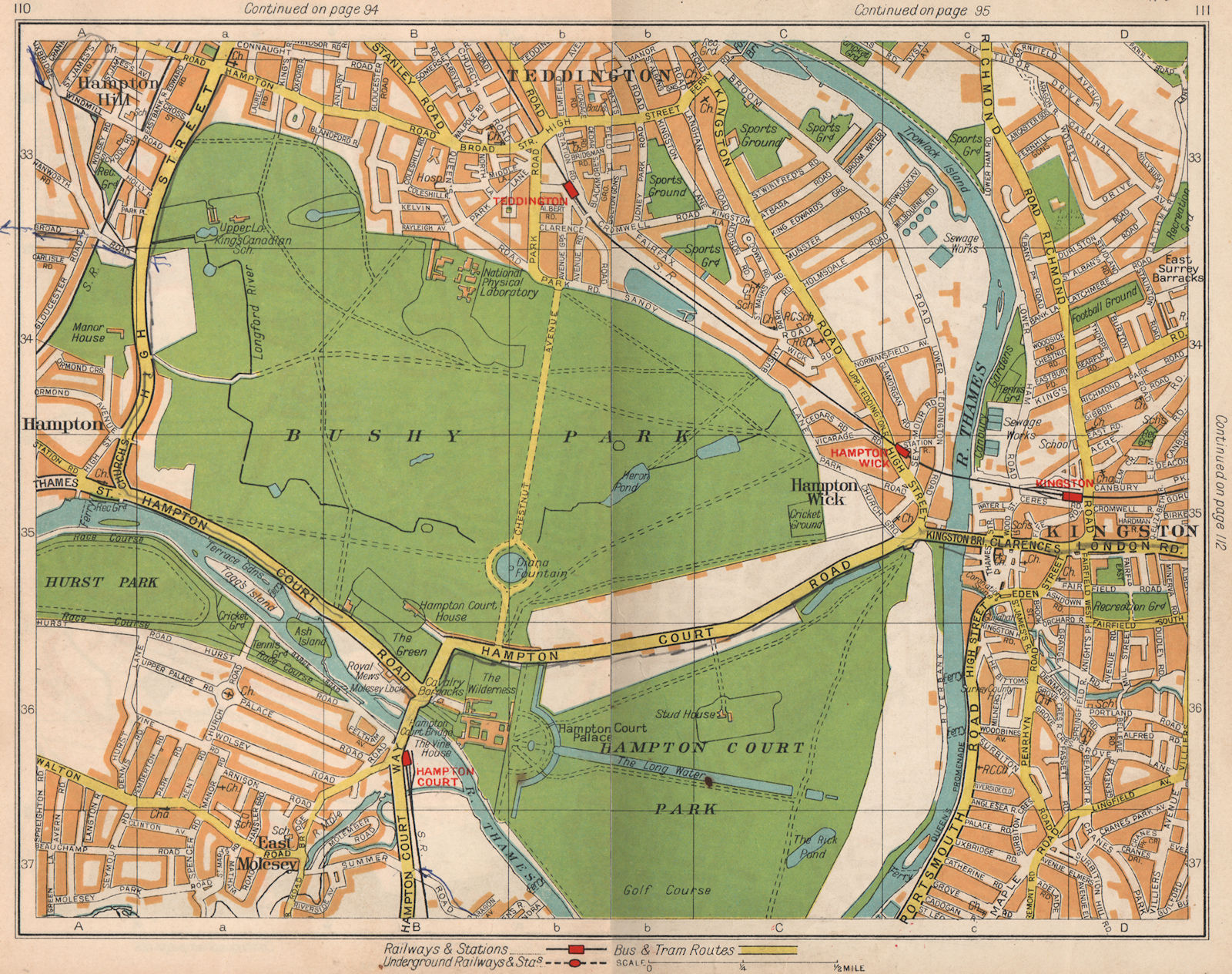 SW LONDON. Teddington Hampton Wick East Molesey Bushy Park Kingston 1938 map