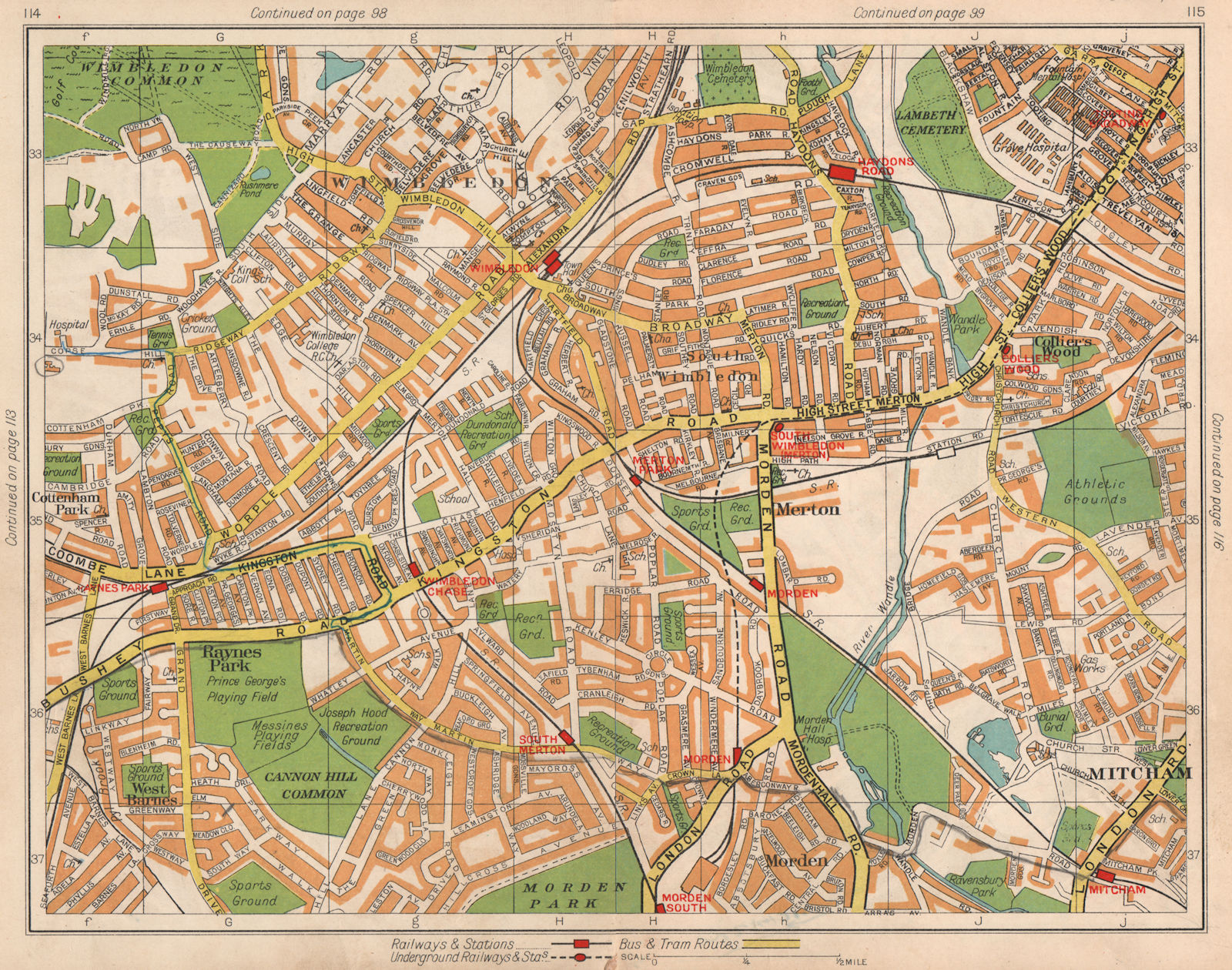 SW LONDON. Wimbledon Collier's Wood Merton Morden Raynes Park Mitcham 1938 map