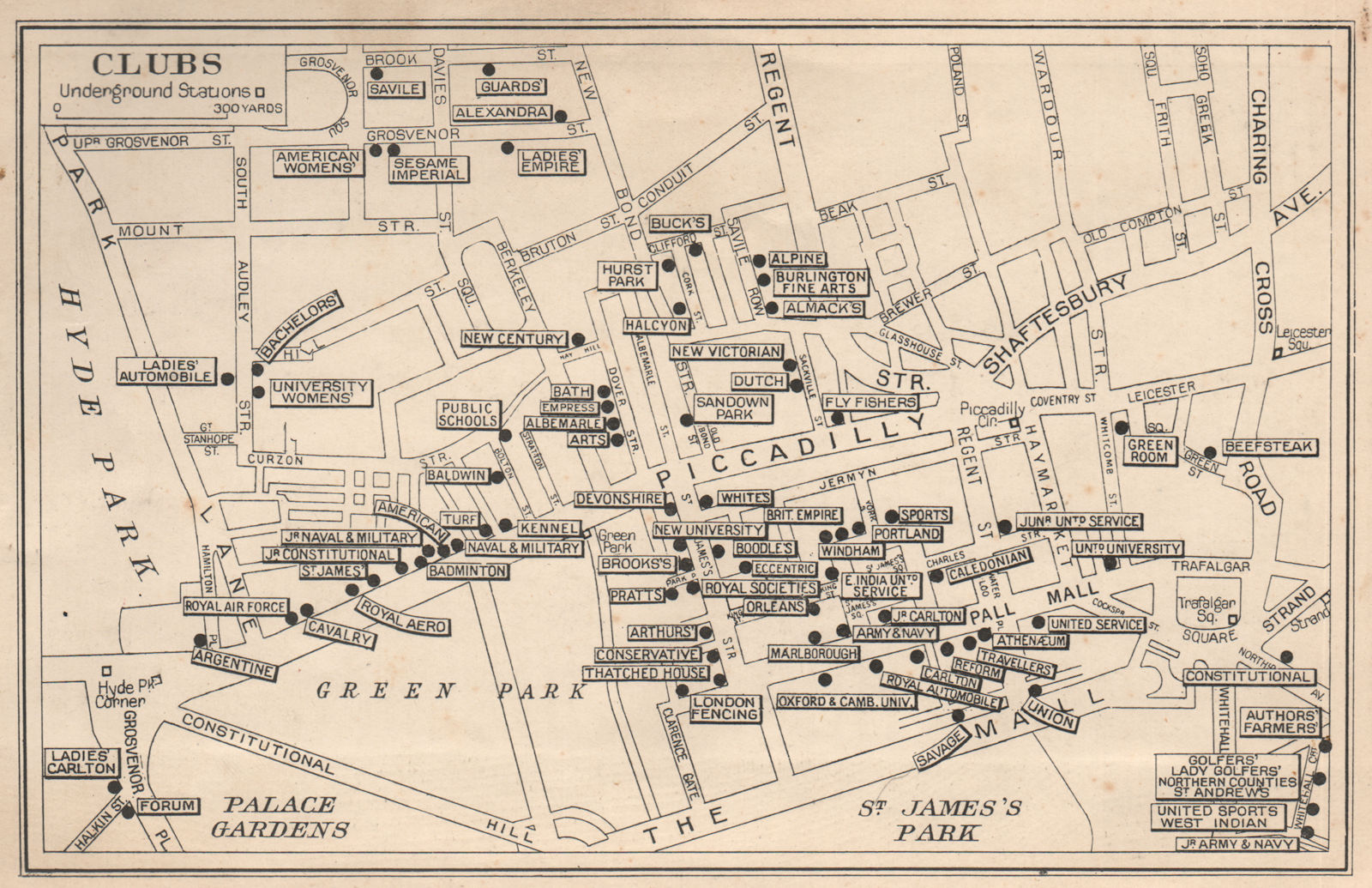 LONDON GENTLEMENS' & LADIES CLUBS. St James's Mayfair Whitehall 1938 old map