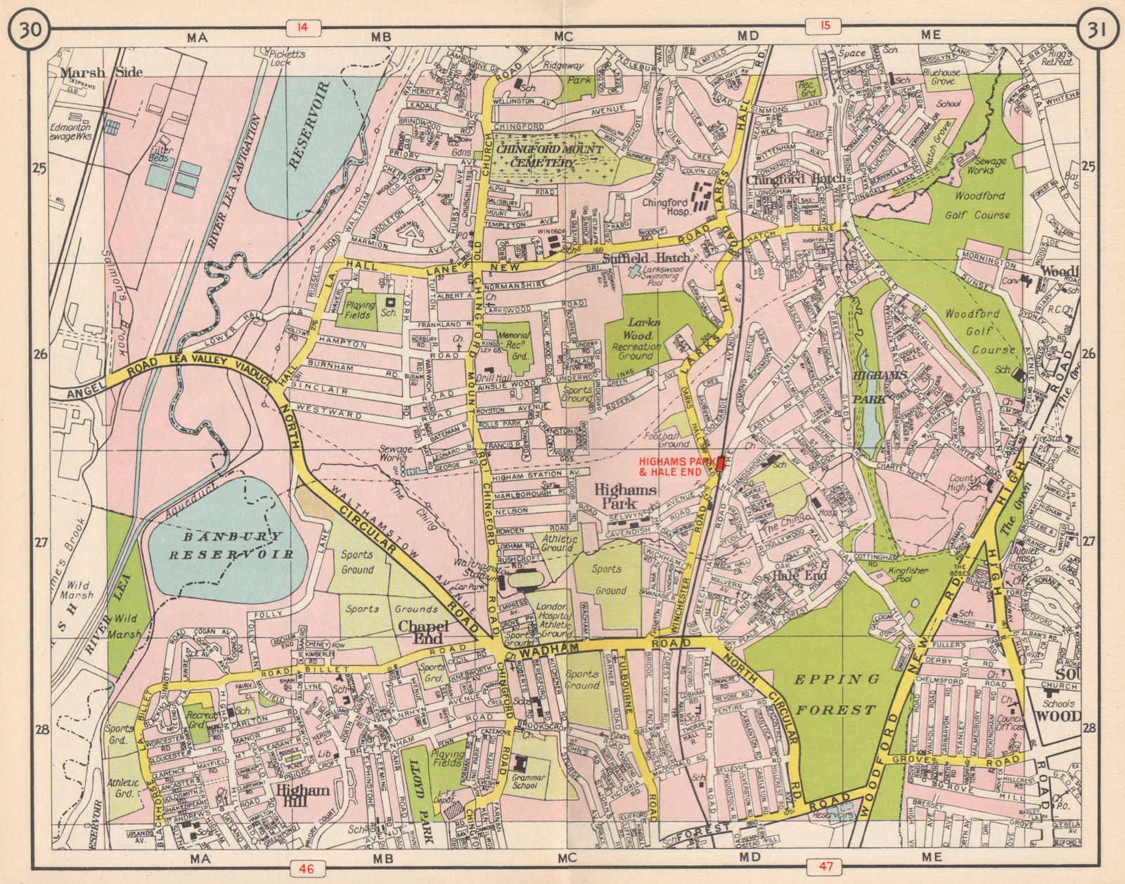 Associate Product NE LONDON. Higham Hill Chingford Hatch Higham's Park Chapel End 1953 old map