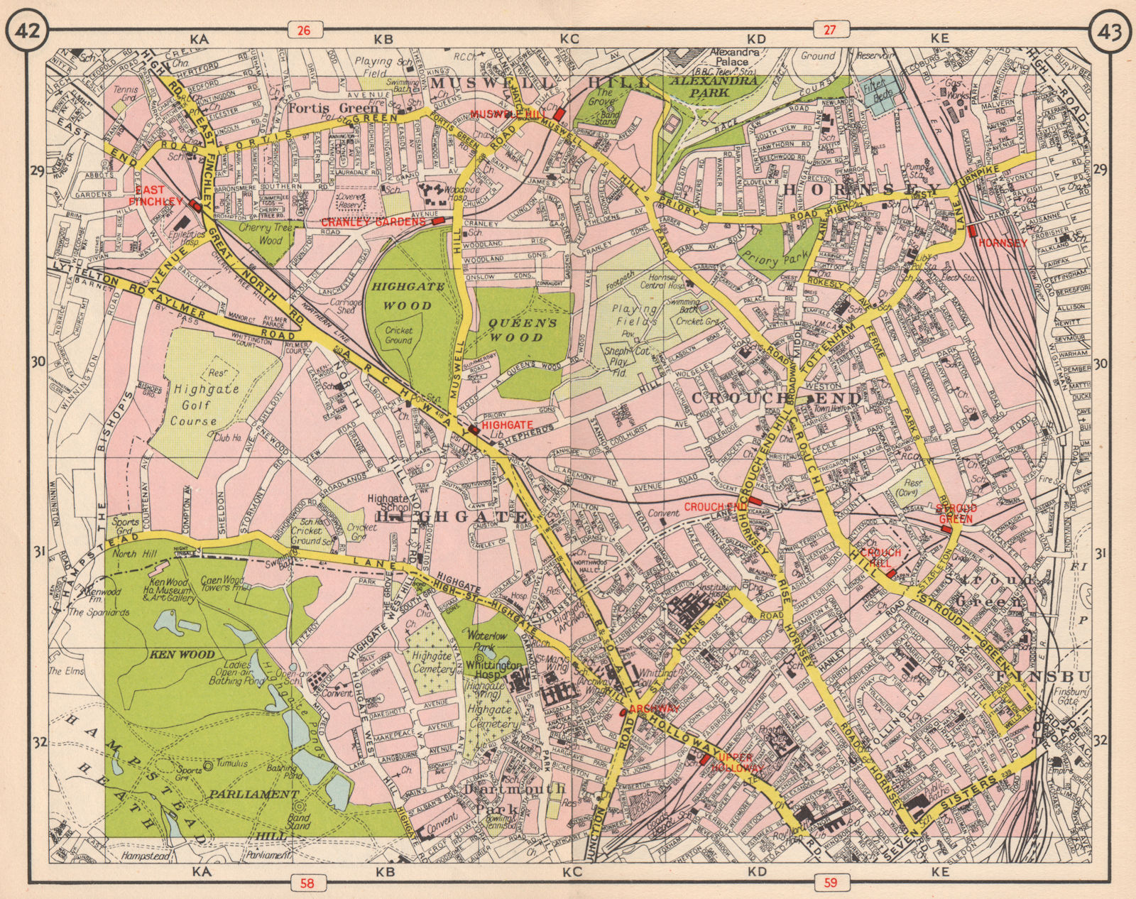 Associate Product N LONDON. Muswell Hill Hornsey Stoud Green Crouch End Highgate 1953 old map