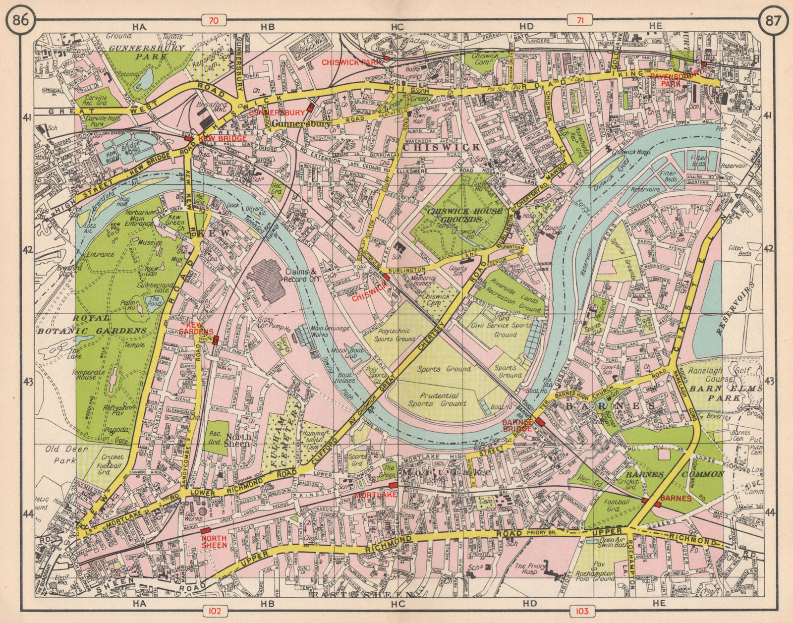 SW LONDON. Chiswick Gunnerbsury Kew Mortlake Barnes North Sheen 1953 old map