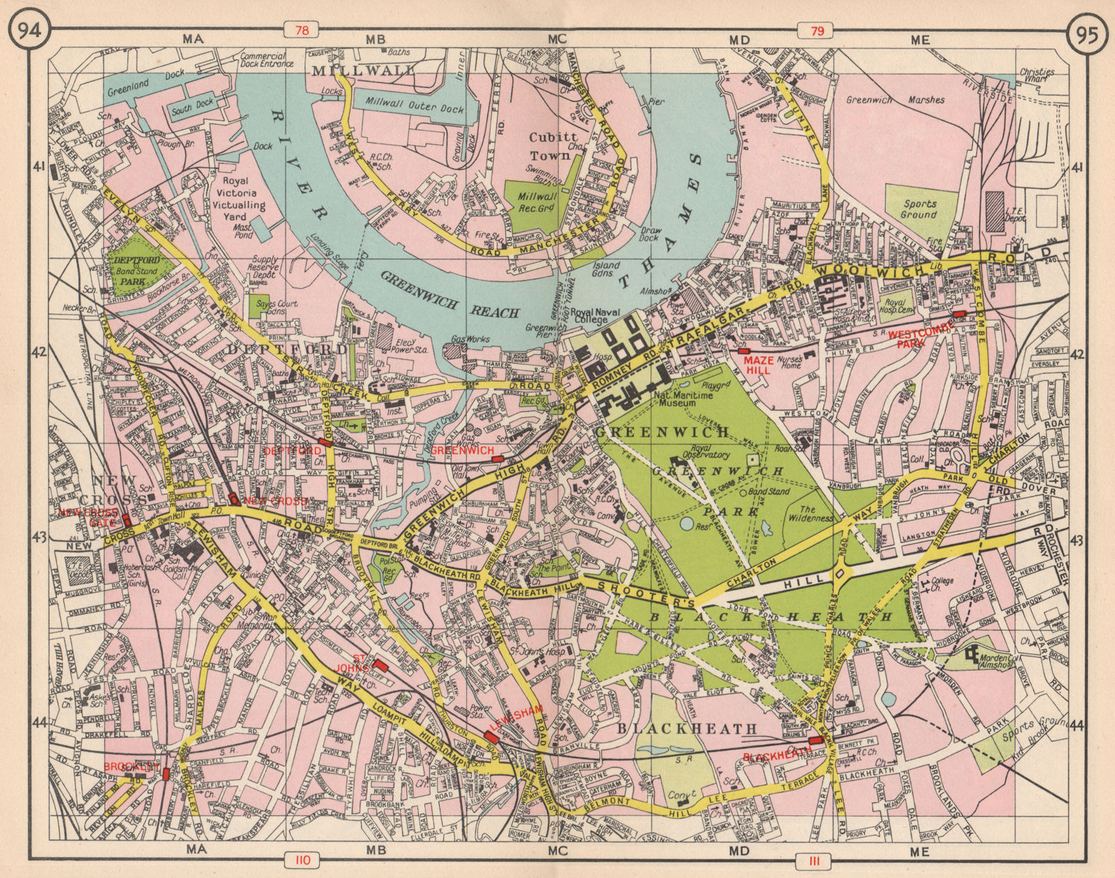 SE LONDON. Blackheath Greenwich Deptford New Cross Millwall Blackheath 1953 map