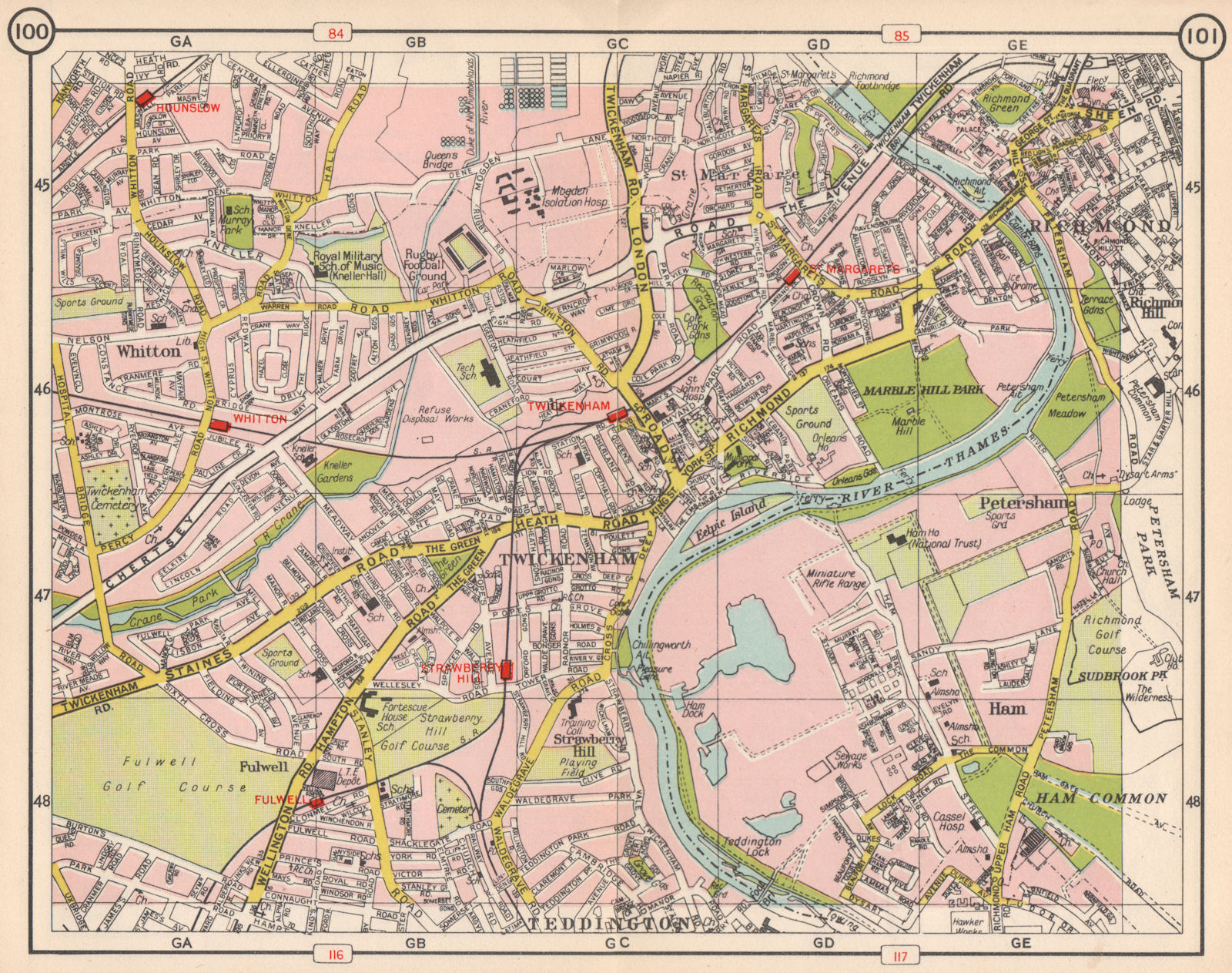 SW LONDON Richmond Whitton Twickenham Petersham Strawberry Hill 1953 old map