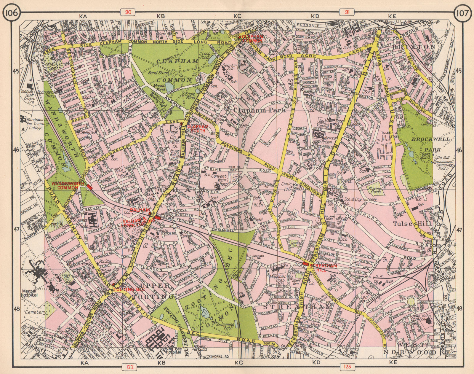 S LONDON. Tooting Bec Streatham Balham Brixton Clapham Wandsworth Cmn 1953 map