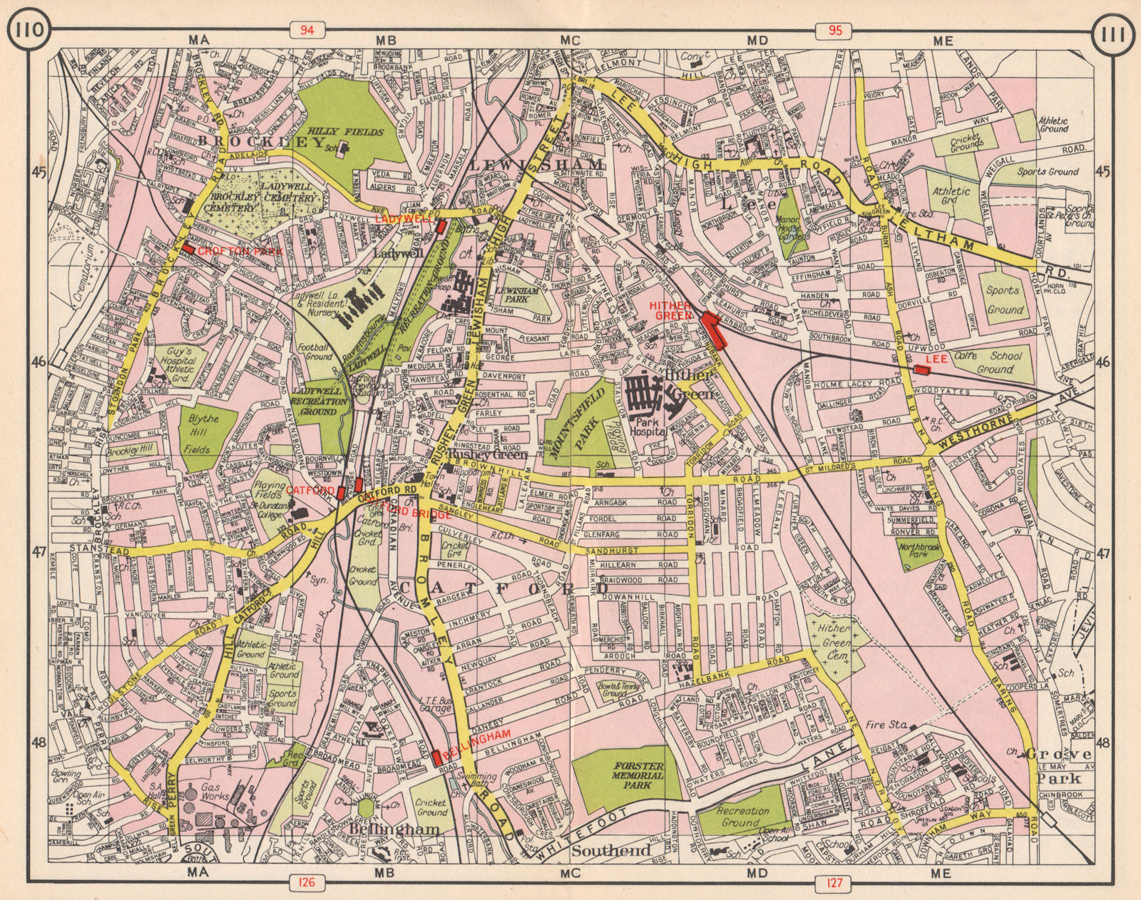 SE LONDON. Catford Bellingham Hither Green Lewisham Lee Ladywell 1953 old map