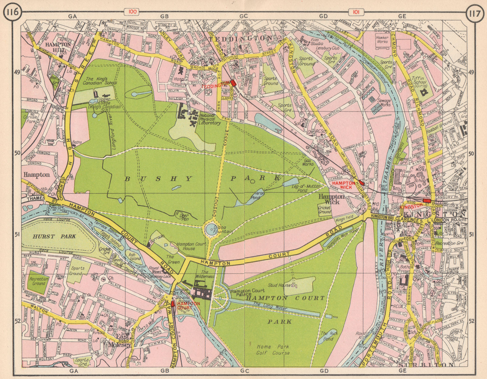 SW LONDON. Teddington Hampton Wick East Molesey Bushy Park Kingston 1953 map